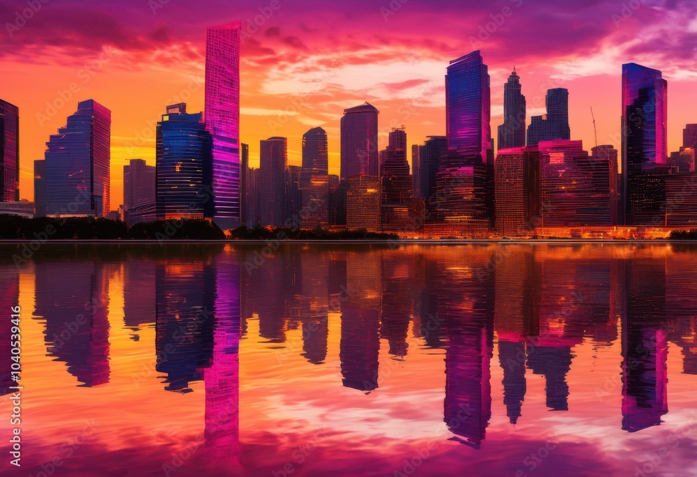 Obraz premium vibrant city skylines dusk colorful sunset reflecting modern architecture urban landscapes, buildings, horizon, clouds, light, reflection, colors, evening