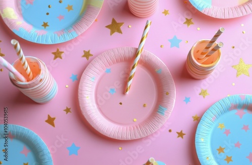Celebratory party setup featuring colorful paper plates and cups on a festive...