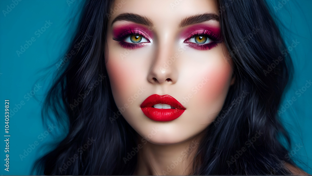 Portrait of beautiful young woman with bright maroon makeup. Beautiful brunette with bright cherry lipstick on her lips. Pretty girl with long black hair Portrait of beautiful young woman with bright maroon makeup. Beautiful brunette with bright cherry lipstick on her lips. Pretty girl with long black hair