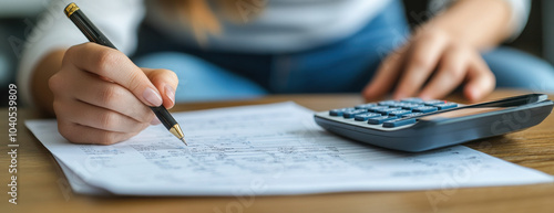Obraz na płótnie Deduction planning concept. Asian young woman hand using calculator to calculating balance prepare tax reduction income, cost budget expenses for pay money form personal Individual Income Tax Return. w salonie