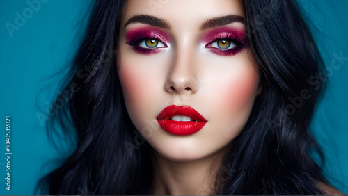 Portrait of beautiful young woman with bright maroon makeup. Beautiful brunette with bright cherry lipstick on her lips. Pretty girl with long black hair