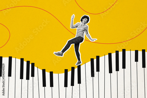 Composite collage picture image of funny female dancing pianist create music musician have fun bizarre unusual fantasy billboard comics photo