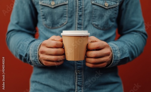 Man holding a coffee cup while standing against a textured red wall on a sunn...