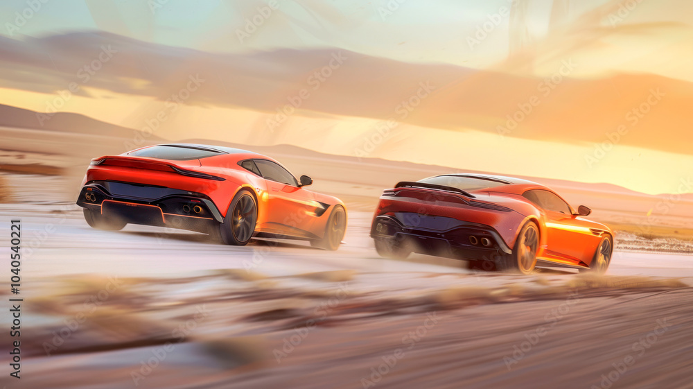 Two muscle cars racing on salt lake, sunset light, motion blur Two muscle cars racing on salt lake, sunset light, motion blur
