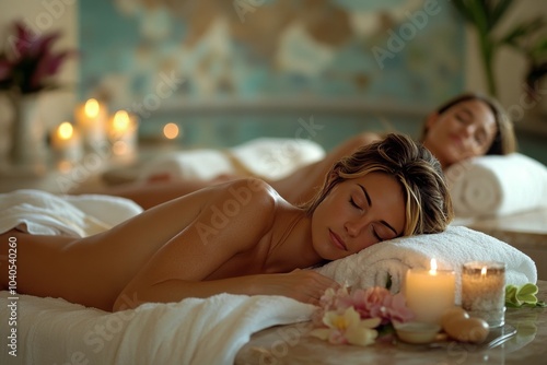 Relaxing spa treatment with two women enjoying massages in a serene environme...