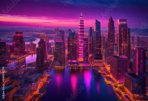 mesmerizing drone view capturing city skyline illuminated dusk colors glowing buildings reflections still waters, aerial, architecture, urban, horizon photo