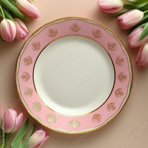 Elegant pink plate with gold accents surrounded by fresh tulips on a soft pas...