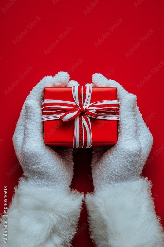 Fototapeta premium Santa Claus holding a beautifully wrapped gift in festive red and white against a vibrant background