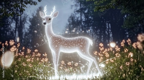 A stunning, ethereal deer illustrated with a soft, glowing white body, radiating a gentle, magical aura. 