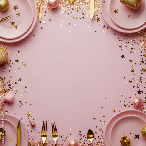 Festive table setting with pink plates and golden decorations for a celebrati...