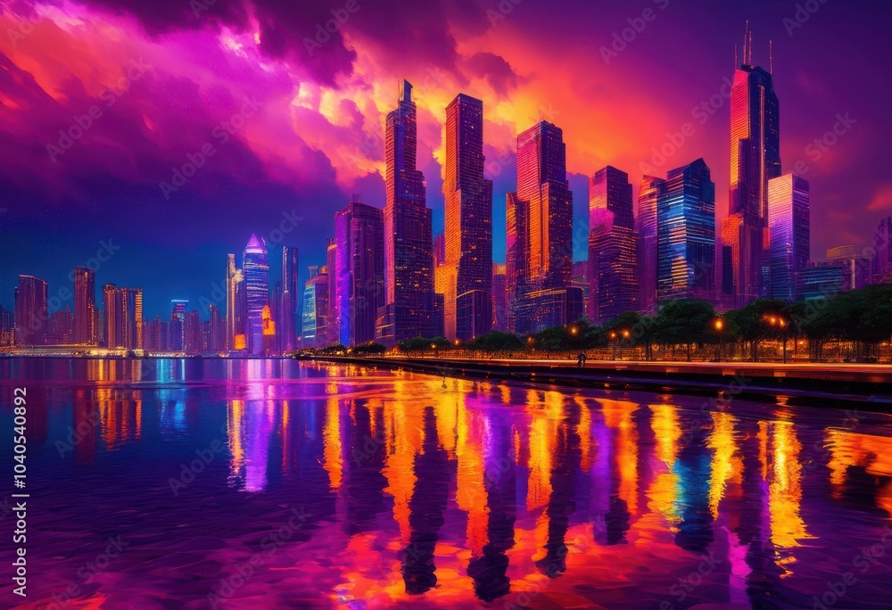 Fototapeta premium vibrant cityscape reflections wet pavement dusk captured stunning vivid colors highlighting skyscrapers street lights, skyline, urban, buildings, architecture