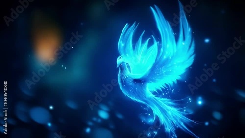 Magical Blue Light Bird with Sparkling Particles