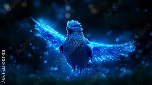 Majestic Glowing Blue Bird in Flight - Mystical Night Scene