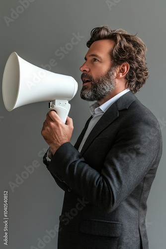 A man with a beard and gray hair passionately addresses an audience using a m...