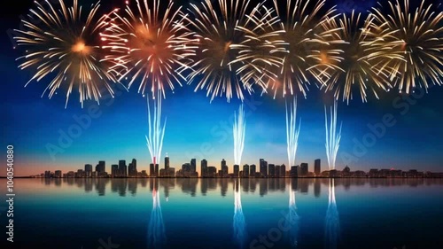 Vibrant Fireworks Illuminate Urban Skyline Reflected in Water