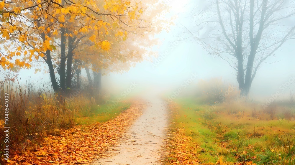 Misty autumn woodland, with colorful foliage and dense fog obscuring the background, perfect for tranquil and reflective nature-themed visuals. Misty autumn woodland, with colorful foliage and dense fog obscuring the background, perfect for tranquil and reflective nature-themed visuals.