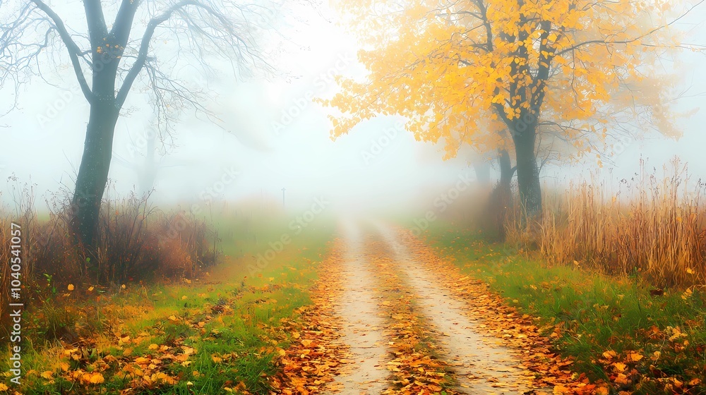 Obraz premium Misty autumn woodland, with colorful foliage and dense fog obscuring the background, perfect for tranquil and reflective nature-themed visuals.