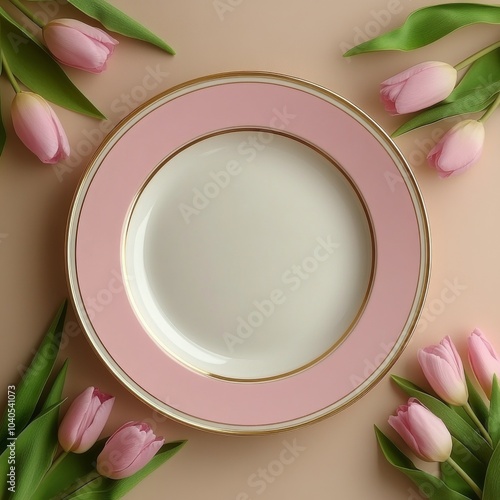 Elegant pink plate with gold accents surrounded by fresh tulips on a soft pas...