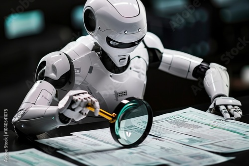 Photo of a Robot Using a Magnifying Glass to Inspect an Invoice