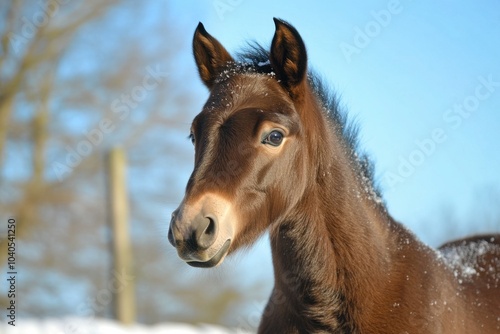 Young brown foal in a snowy field on a clear day