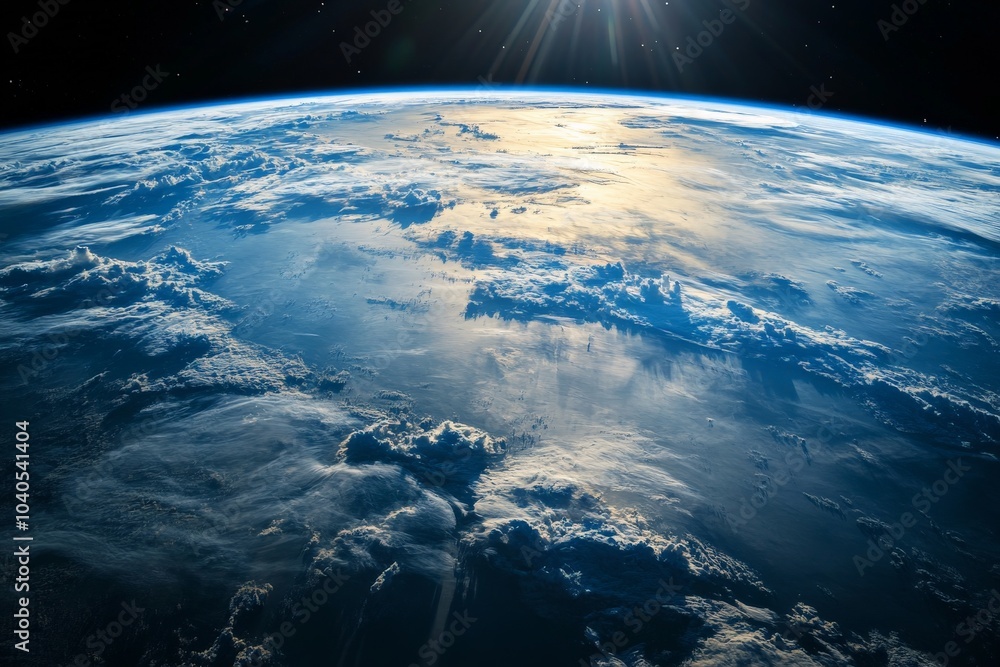 A rich display of sunset light reflecting over the cloud-covered surface of Earth, signifying the daily cycles and immense beauty of our planet’s atmosphere. A rich display of sunset light reflecting over the cloud-covered surface of Earth, signifying the daily cycles and immense beauty of our planet’s atmosphere.