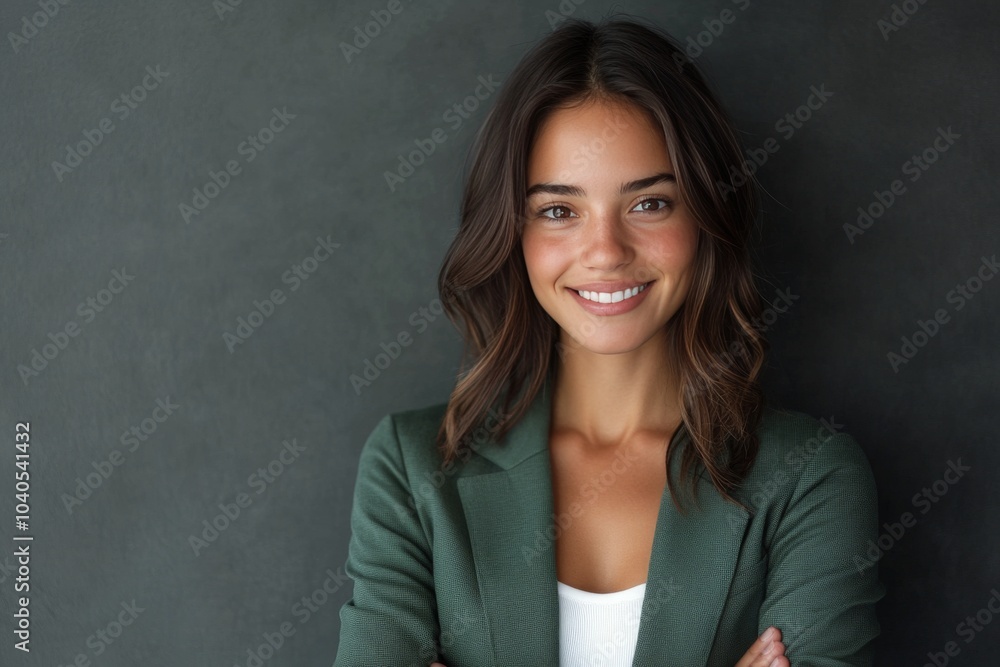 Obraz premium Confident young woman with crossed arms posing against a textured gray wall in natural light