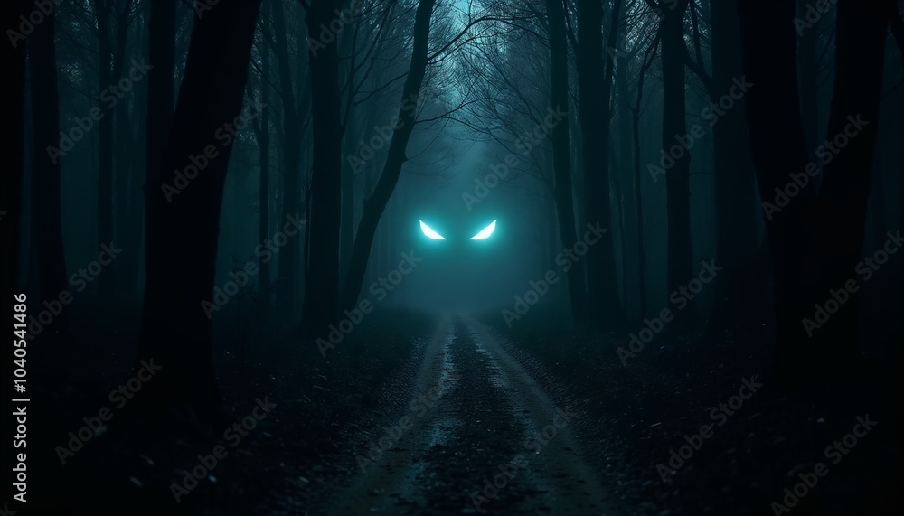 Naklejka premium A spooky forest path with eerie glowing eyes peeking through dark trees
