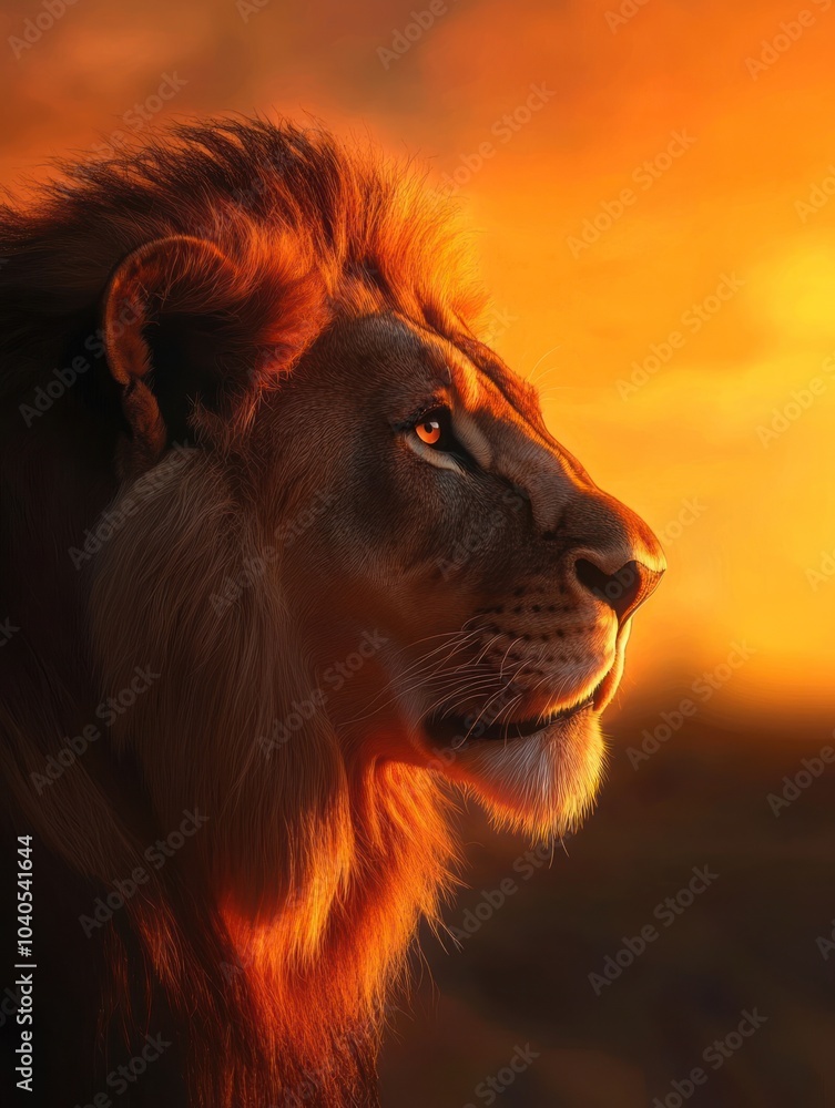 Naklejka premium Lion Silhouette in Fiery Sunset - Majestic Profile of the King of the Jungle in Golden Light