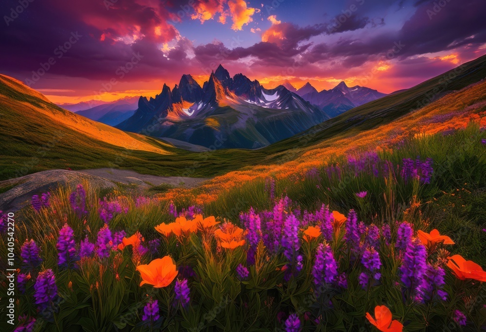 Fototapeta premium breathtaking vivid landscape featuring striking mountain silhouettes stunning colorful sky picturesque natural setting, dramatic, nature, scene, view