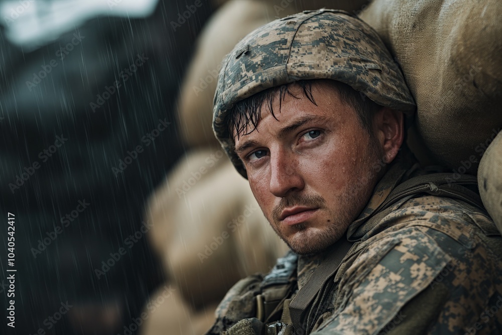 Fototapeta premium A soldier with a thoughtful, weary expression sits by sandbags as rain pours down, illustrating the contemplative and challenging nature of military duty.