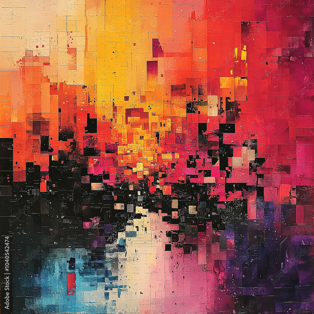 Obraz premium pixelated digital mosaic in warm tones of red and orange, suggesting the chaotic beauty of urban sunsets