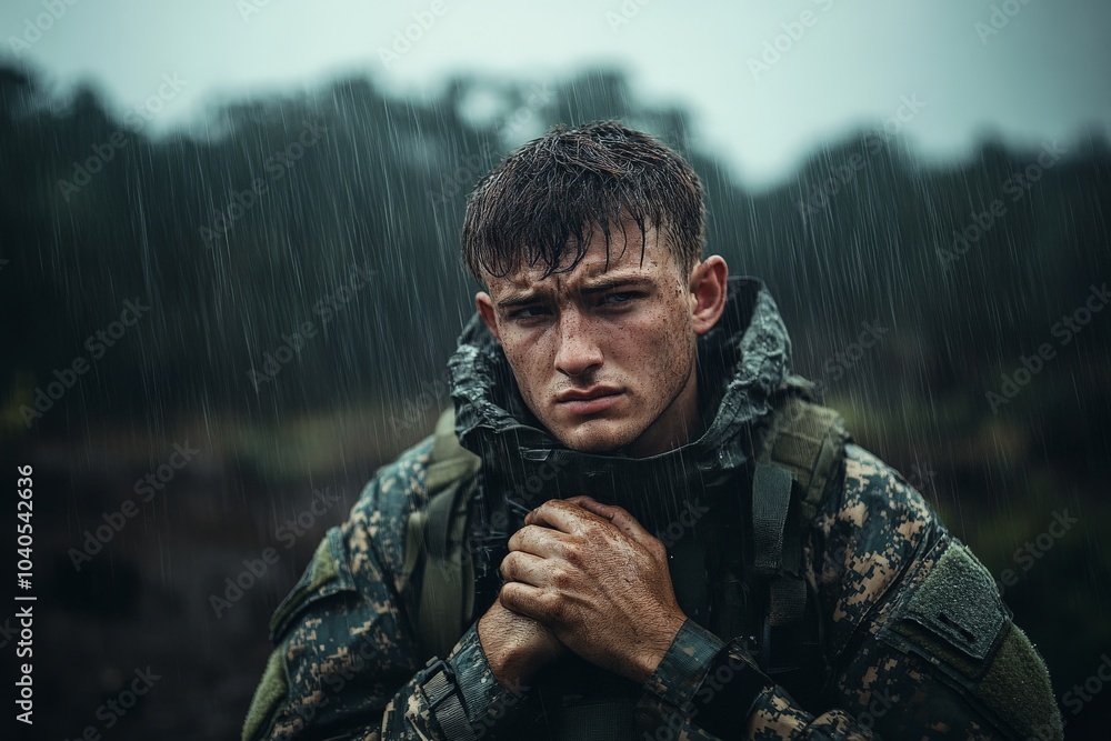 A soldier stands in the rain, gripping his collar tightly, wearing a focused expression. The image captures emotion and determination, set against a stormy backdrop.