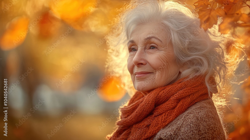 Serene Elderly Woman Amidst Autumn Leaves Serene Elderly Woman Amidst Autumn Leaves