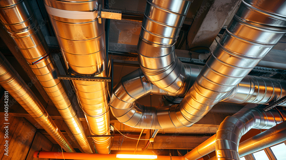 Exposed industrial ductwork and piping in modern construction environment