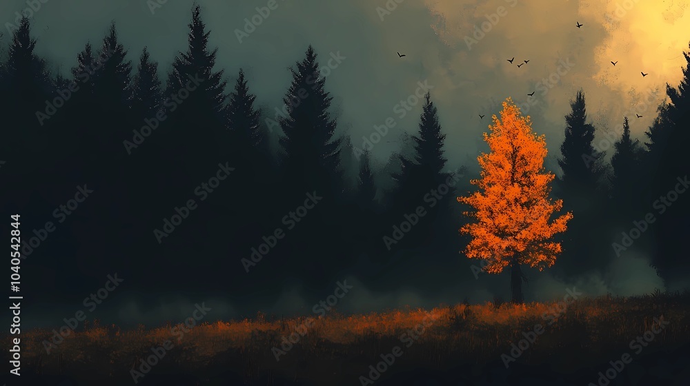 Fototapeta premium Misty autumn woodland, with colorful foliage and dense fog obscuring the background, perfect for tranquil and reflective nature-themed visuals.