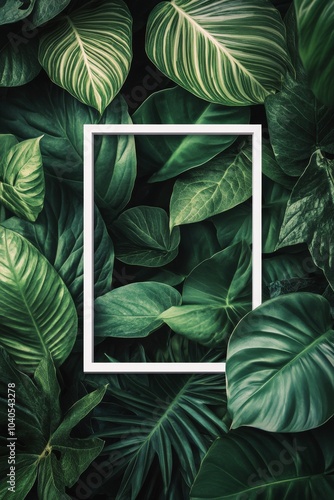 Aesthetic arrangement of green leaves with a white frame overlay creating a s...
