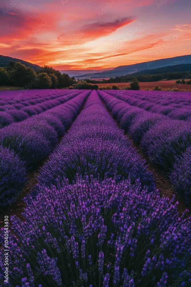 Obraz premium Beautiful lavender fields under a colorful sunset in rural France during summer season