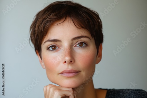 A thoughtful young woman with short hair poses quietly against a neutral back...