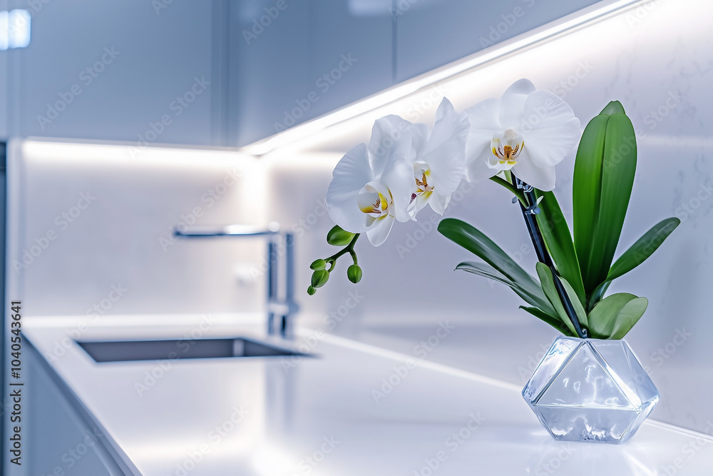 White kitchen with a white countertop, sink, and lighted cabinets. White kitchen with a white countertop, sink, and lighted cabinets.