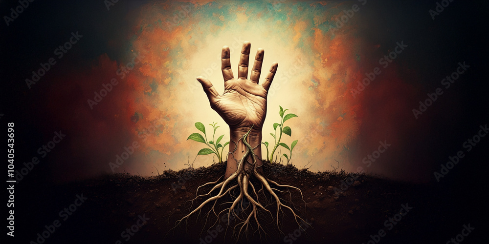 Hand, Fingers & Arm Growing out the Earth & Dirt with Plands & Roots, Surreal Colorful Background Graphic Hand, Fingers & Arm Growing out the Earth & Dirt with Plands & Roots, Surreal Colorful Background Graphic