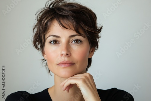 A thoughtful young woman with short hair poses quietly against a neutral background indoors