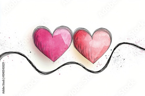 Two intertwined hearts illustrated with soft watercolor effects on a light ba...