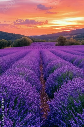 Beautiful lavender fields under a colorful sunset in rural France during summer season