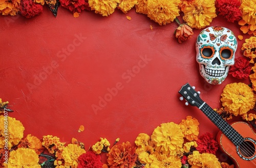 A vibrant ukulele surrounded by colorful autumn flowers on a bold red background