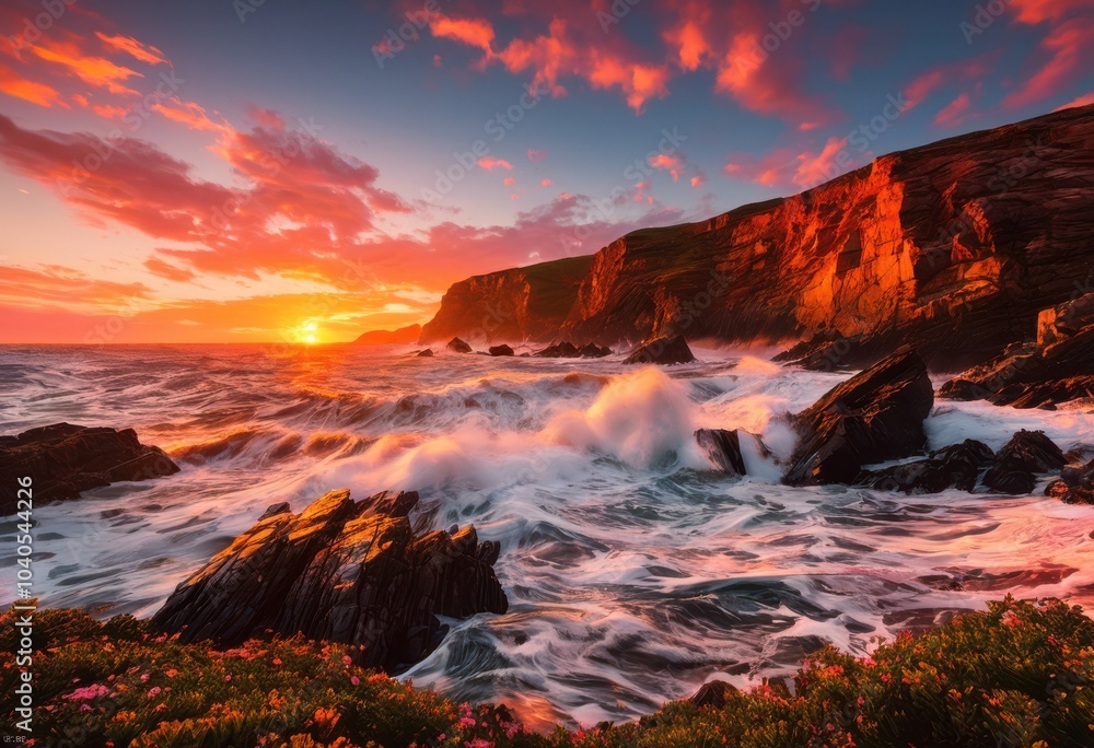 Fototapeta premium vibrant coastal waves showcasing power beauty nature dynamic motion lush color palette, beach, ocean, sea, water, sky, sand, storm, foam, shore, blue, green