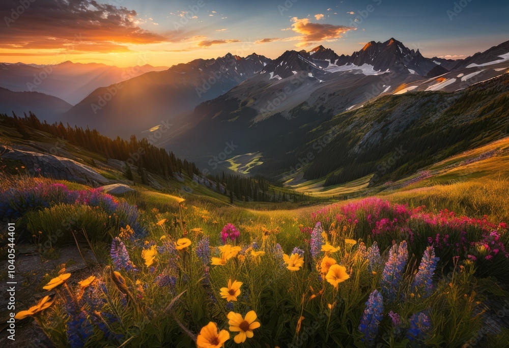 Fototapeta premium stunning mountain sunrise illuminating colorful wildflowers majestic landscape showcase, adventure, awe, blooming, clouds, colors, daylight, detail