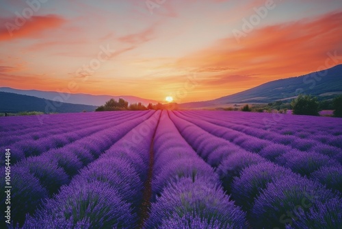 Lavender fields under a sunset sky in Provence, France, showcasing vibrant co...
