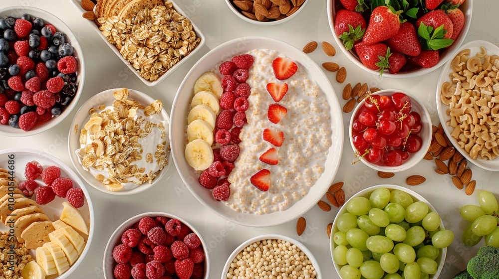 A spread of healthy breakfast options, including oatmeal, fresh fruit, and yogurt, beautifully arranged on a white table. Nutritious and delicious A spread of healthy breakfast options, including oatmeal, fresh fruit, and yogurt, beautifully arranged on a white table. Nutritious and delicious