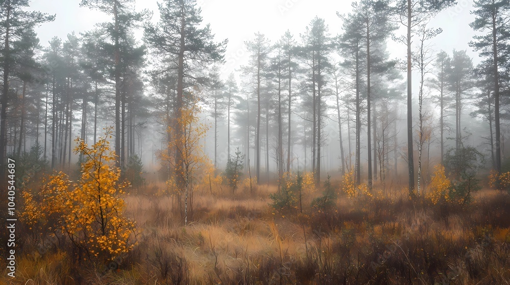 Foggy morning in an autumn forest, with orange and yellow leaves on the trees, creating a peaceful and calming seasonal landscape. Foggy morning in an autumn forest, with orange and yellow leaves on the trees, creating a peaceful and calming seasonal landscape.