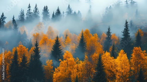 Foggy morning in an autumn forest, with orange and yellow leaves on the trees, creating a peaceful and calming seasonal landscape.